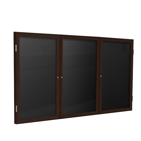 Enclosed Letter Board, 3 Door, Flannel, Walnut Frame, 3 ft H x 2 ft W, Black